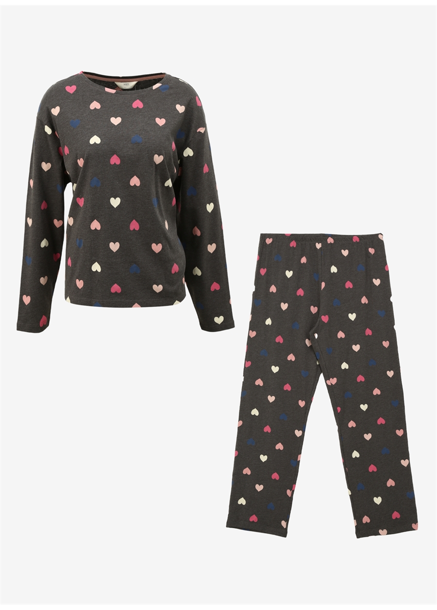 Marks & Spencer Antrasit Kadın Kalp Desenli Uzun Kollu Pijama Takımı 4562F