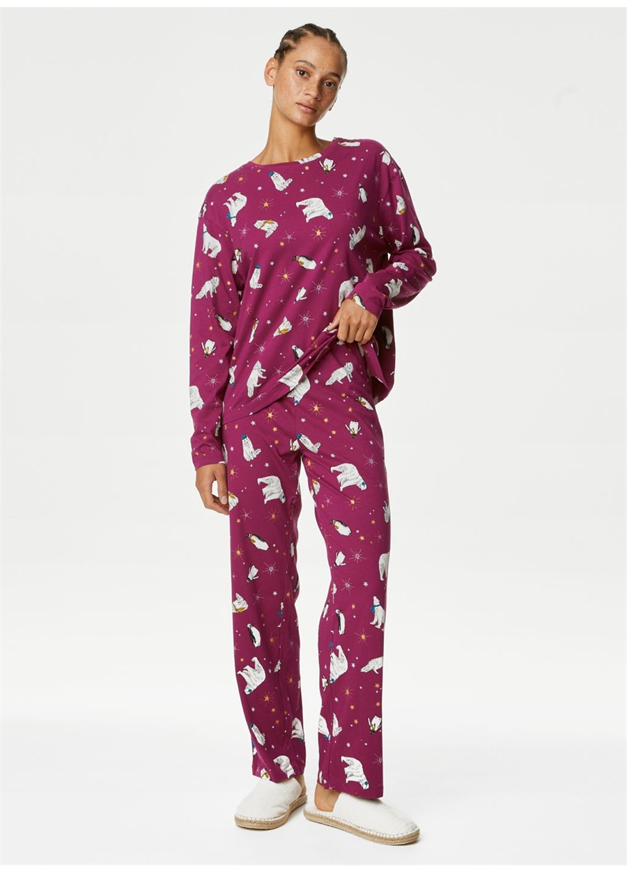 Marks & Spencer Mor Kadın Saf Pamuklu Uzun Kollu Pijama Takımı 4568F