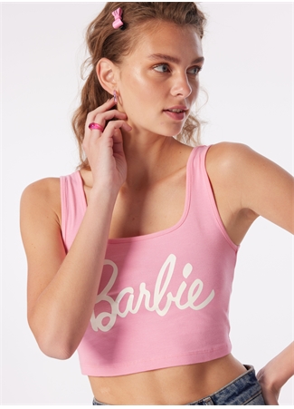 Barbie Pembe Kadın Kare Yaka Crop Baskılı Bluz BRB4SL-BLZ6065_0