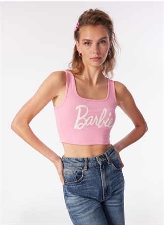 Barbie Pembe Kadın Kare Yaka Crop Baskılı Bluz BRB4SL-BLZ6065_1