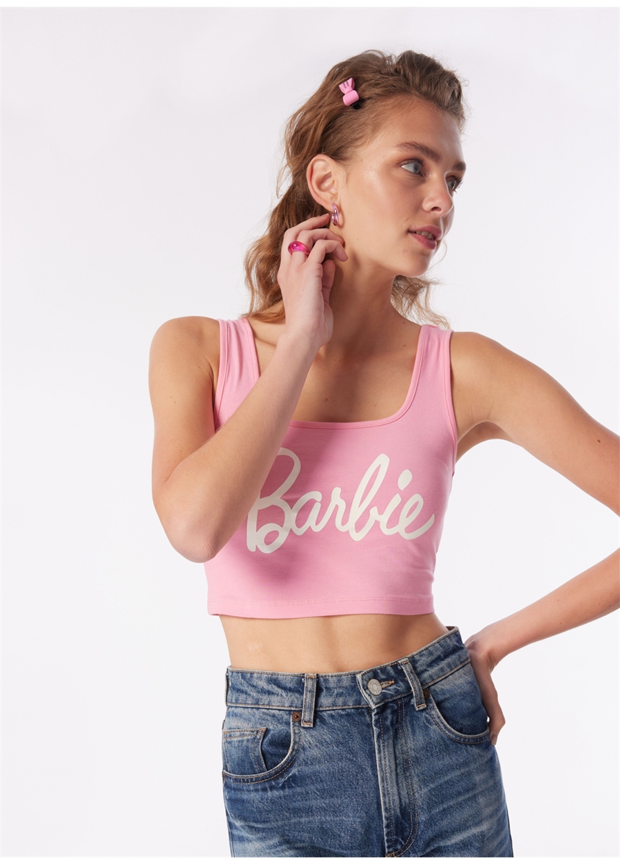 Barbie Pembe Kadın Kare Yaka Crop Baskılı Bluz BRB4SL-BLZ6065_3