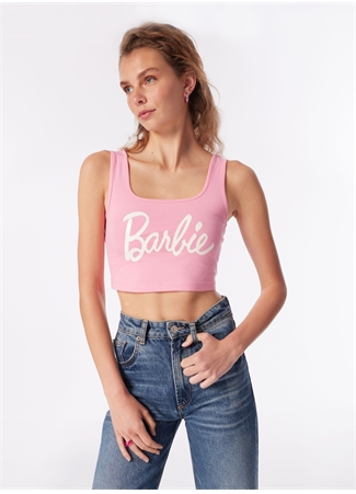 Barbie Pembe Kadın Kare Yaka Crop Baskılı Bluz BRB4SL-BLZ6065_4