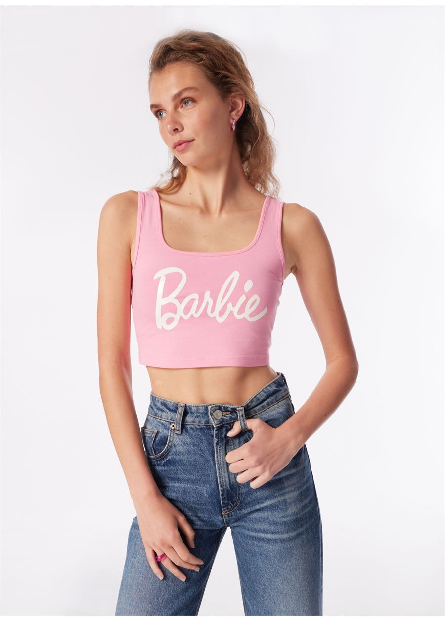 Barbie Pembe Kadın Kare Yaka Crop Baskılı Bluz BRB4SL-BLZ6065_4