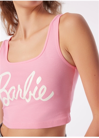 Barbie Pembe Kadın Kare Yaka Crop Baskılı Bluz BRB4SL-BLZ6065_5