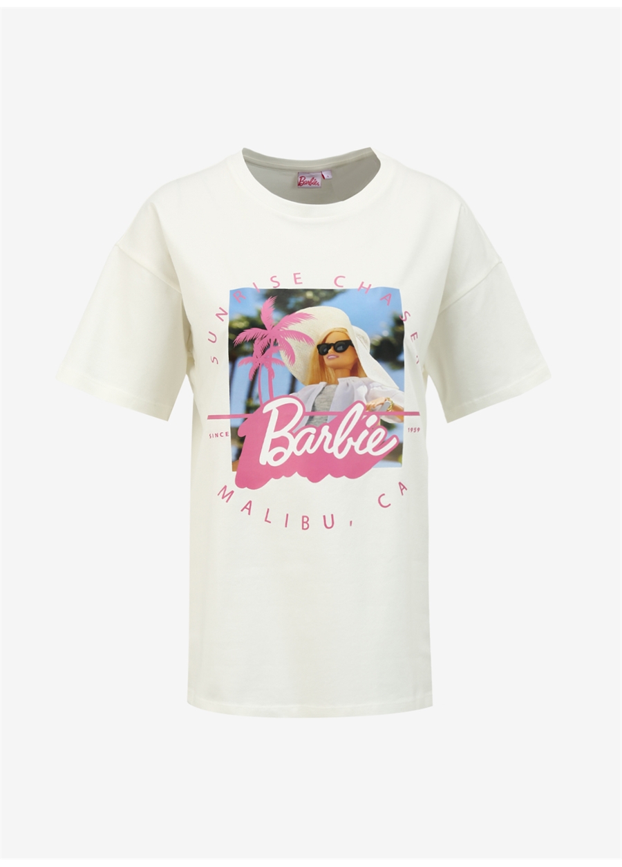 Barbie Ekru Kadın Bisiklet Yaka Relaxed Baskılı T-Shirt BRB4SL-TST6057