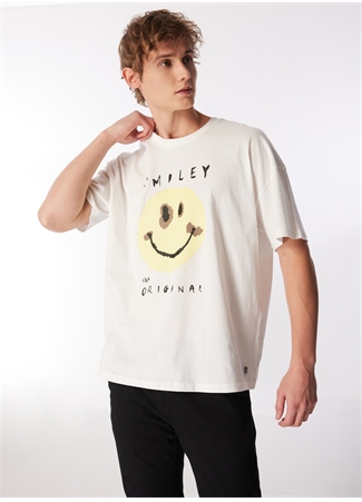 Mavi Düz Yaka Düz Kırık Beyaz Erkek T-Shirt M0611987-70057_SMILEY TİŞÖRT_0