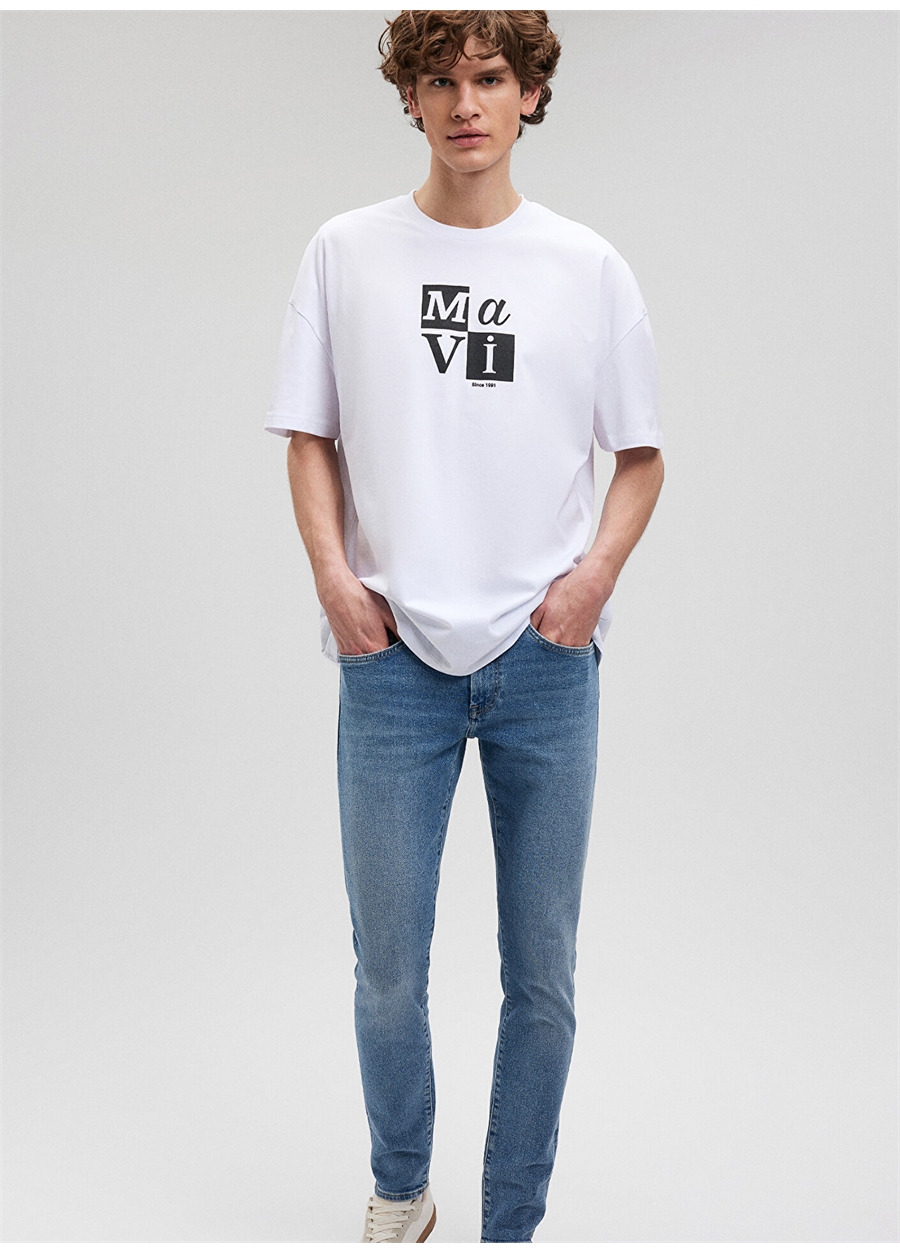Mavi Düz Yaka Baskılı Beyaz Erkek T-Shirt M0612005-620_MAVİ BASKILI TİŞÖRT