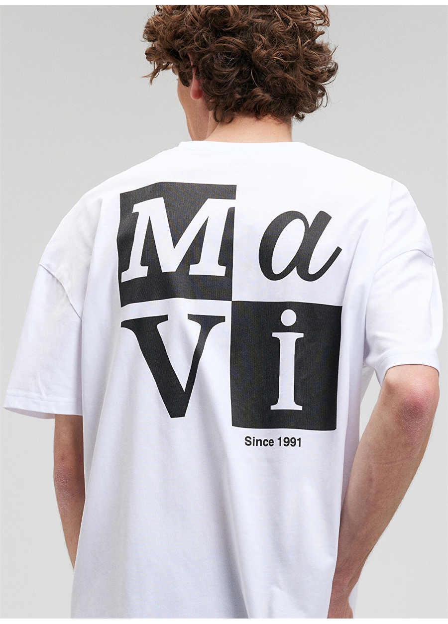 Mavi Düz Yaka Baskılı Beyaz Erkek T-Shirt M0612005-620_MAVİ BASKILI TİŞÖRT_1