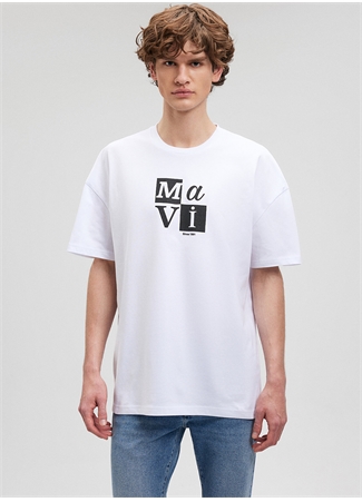 Mavi Düz Yaka Baskılı Beyaz Erkek T-Shirt M0612005-620_MAVİ BASKILI TİŞÖRT_3