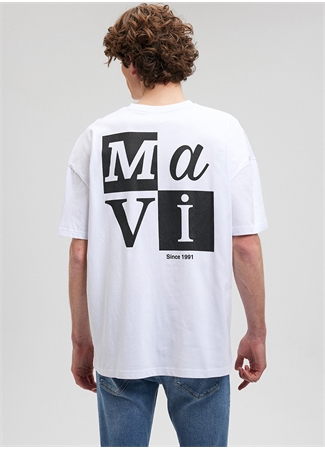 Mavi Düz Yaka Baskılı Beyaz Erkek T-Shirt M0612005-620_MAVİ BASKILI TİŞÖRT_5