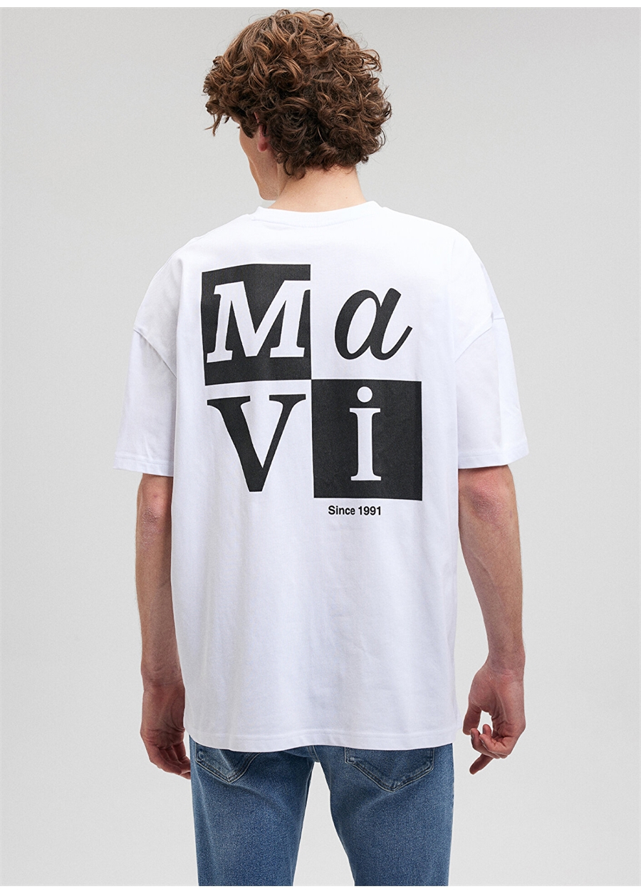 Mavi Düz Yaka Baskılı Beyaz Erkek T-Shirt M0612005-620_MAVİ BASKILI TİŞÖRT_5