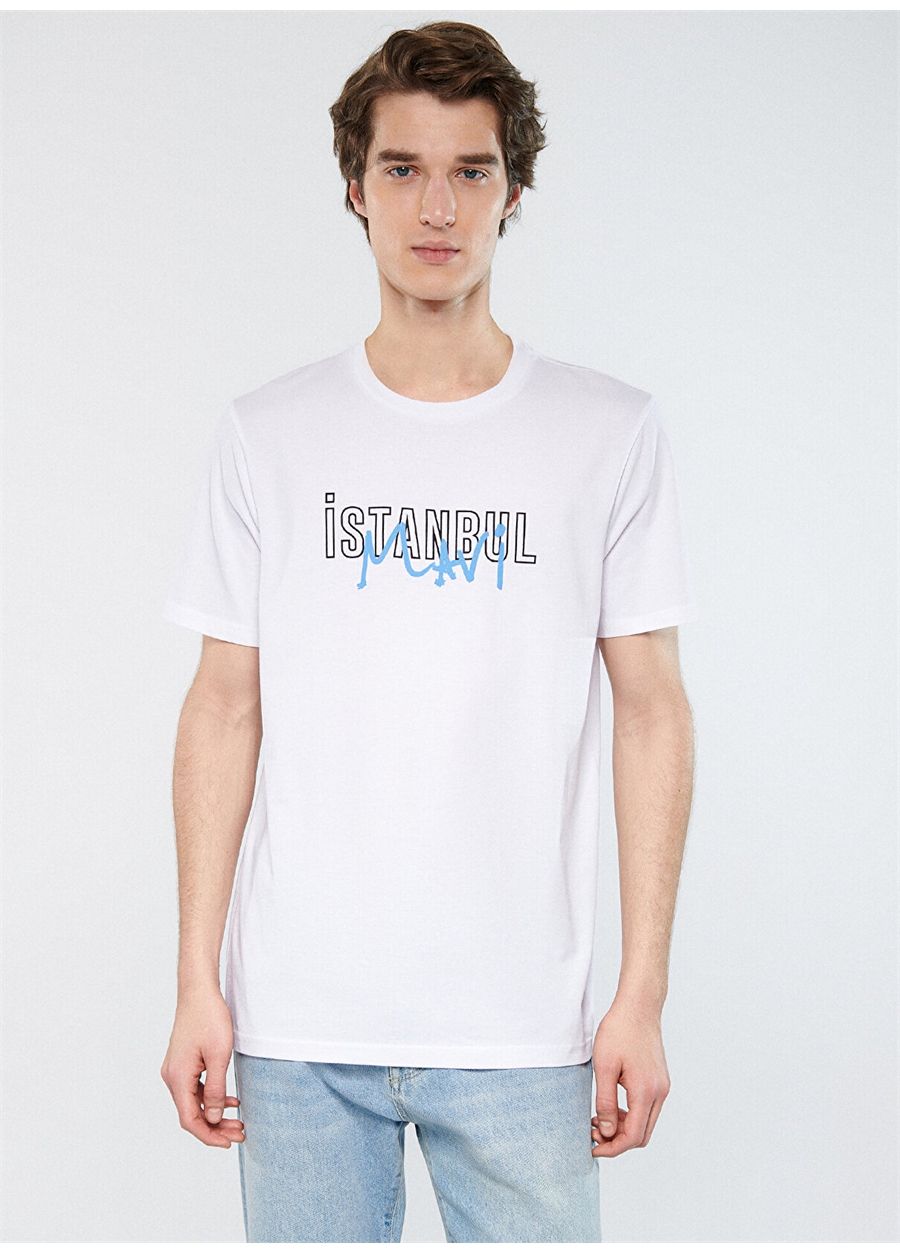 Mavi Düz Yaka Baskılı Beyaz Erkek T-Shirt M067114-620_İSTANBUL BASKILI TİŞÖRT_2