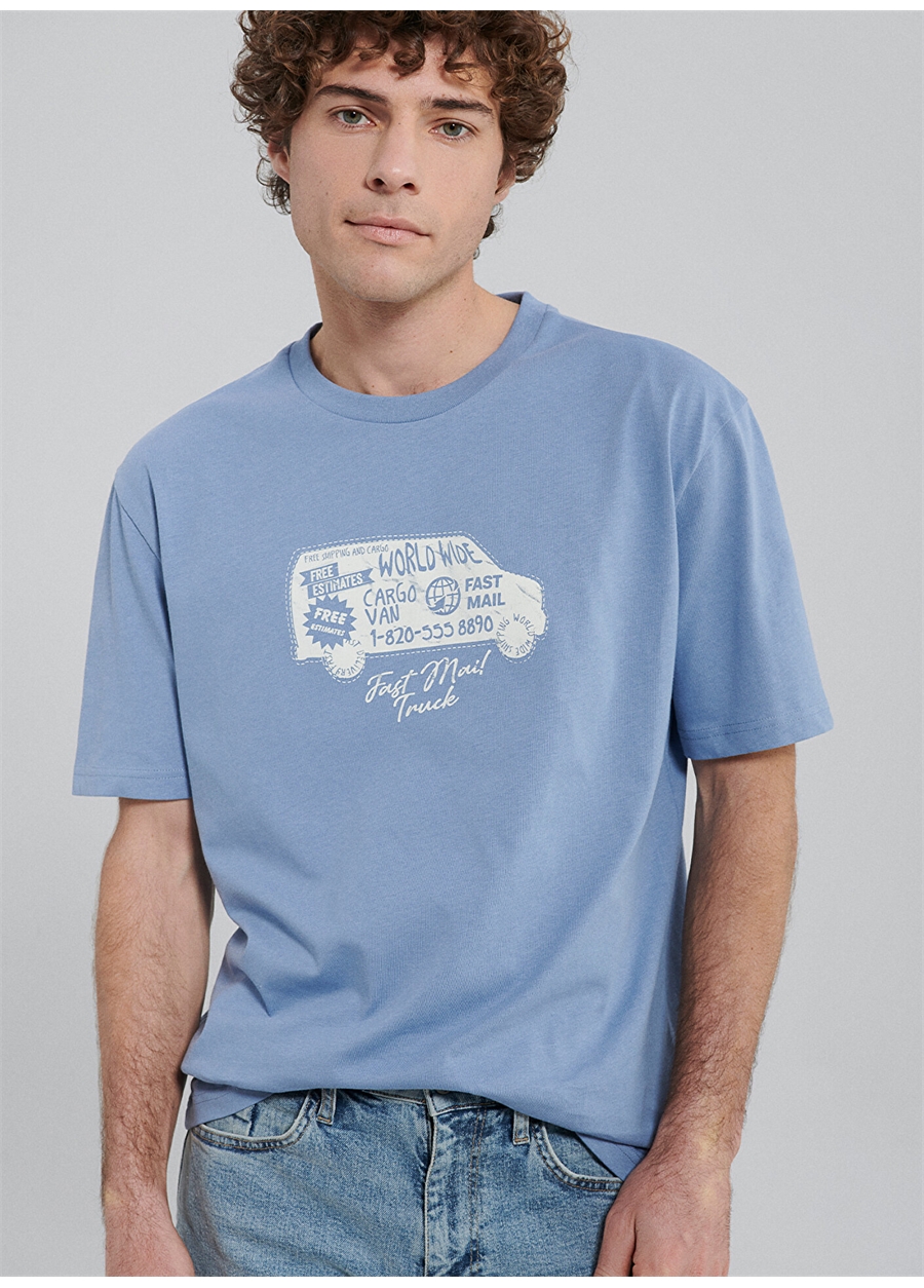 Mavi Düz Yaka Baskılı Mavi Erkek T-Shirt M0612137-86802_BASKILI TİŞÖRT