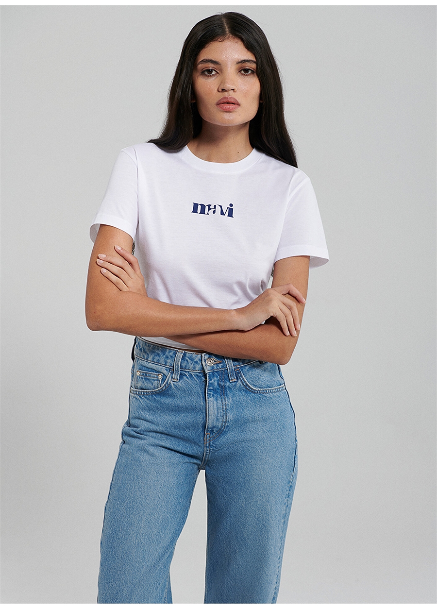 Mavi Bisiklet Yaka Beyaz Kadın T-Shirt M1612241-620-LOGO TIŞORT