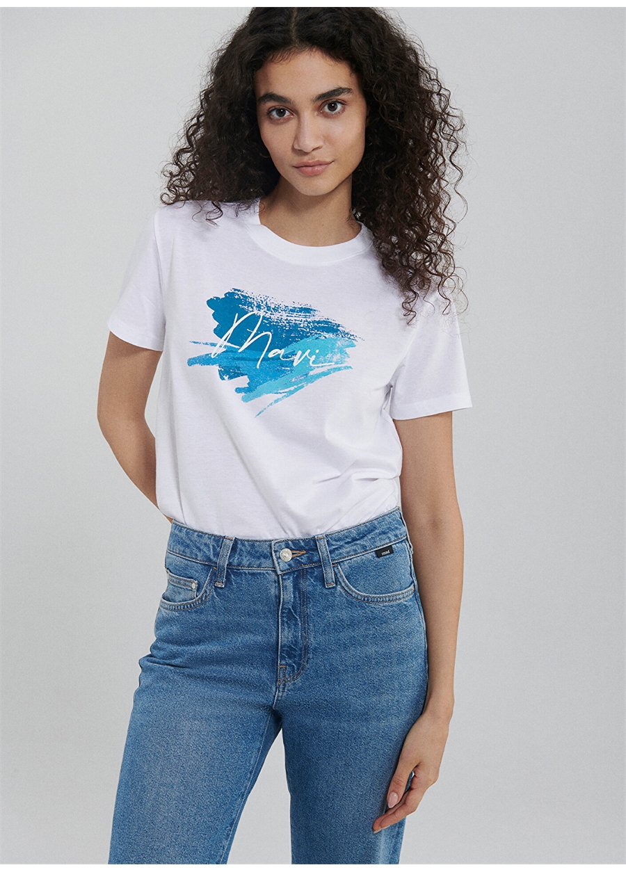 Mavi Bisiklet Yaka Beyaz Kadın T-Shirt M1612240-620-MAVI BASKILI TIŞORT