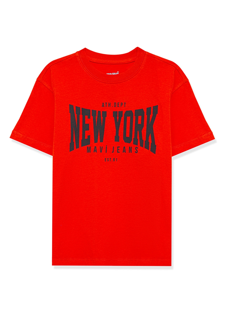 Mavi Baskılı Turuncu Erkek T-Shirt NEW YORK BASKILI TİŞÖRT Red