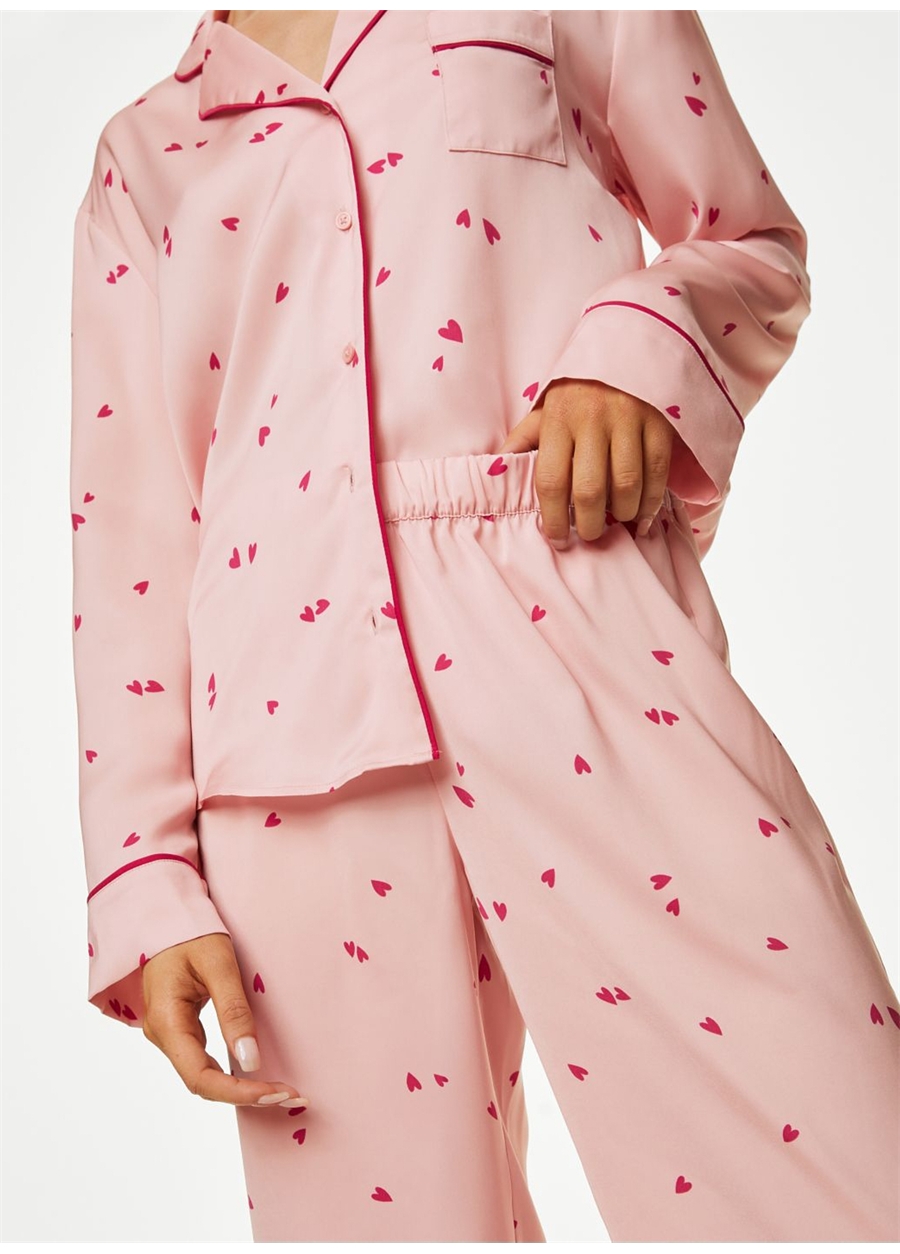 Marks & Spencer Pembe Kadın Dream Satin Kalp Desenli Uzun Kollu Pijama Takımı 1402J