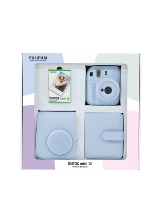 Instax Mini 12 Mavi Fotoğraf Makinesi 10'Lu Film Kare Albüm Ve Deri Kılıf Bundle Box