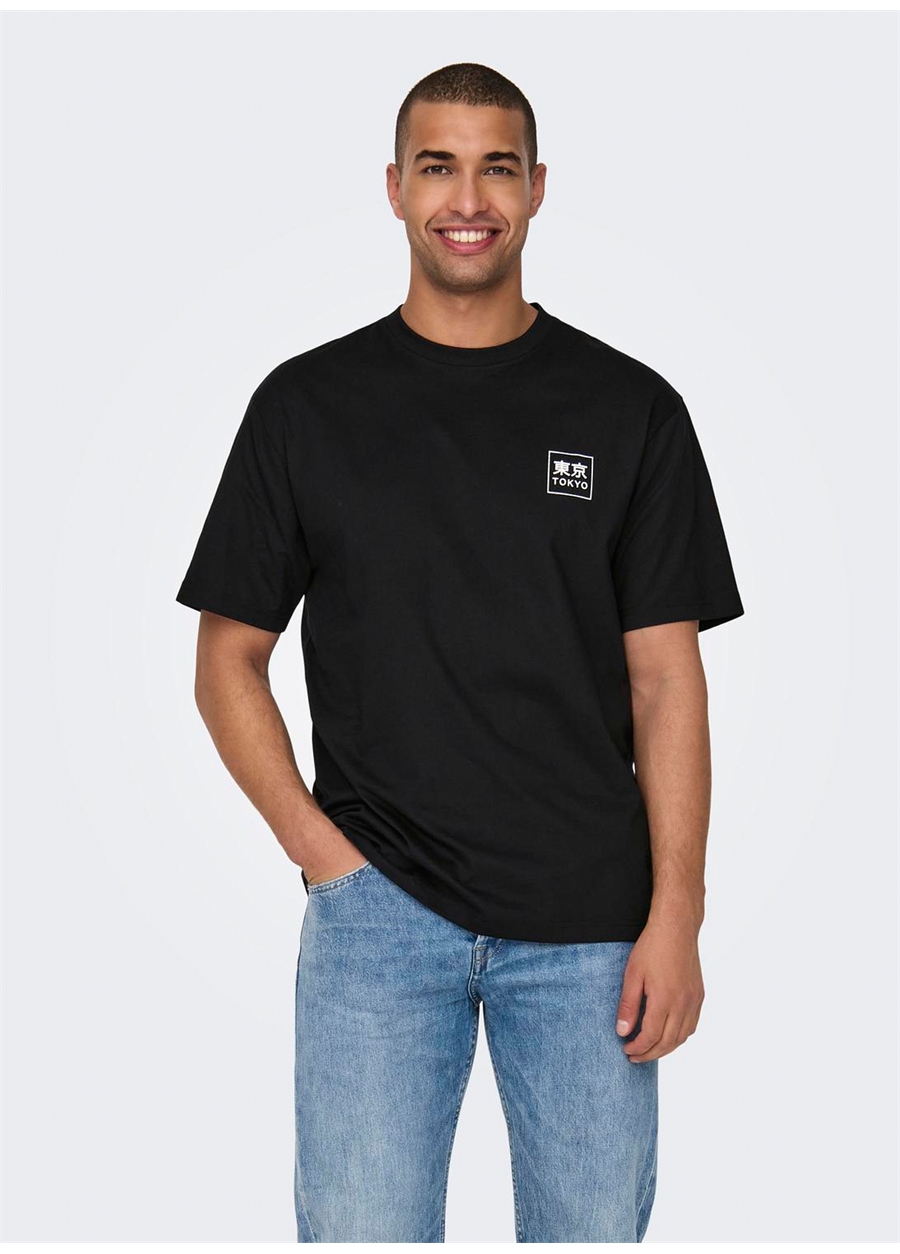 Only & Sons O Yaka Baskılı Siyah Erkek T-Shirt ONSKACE RLX JAP SS TEE