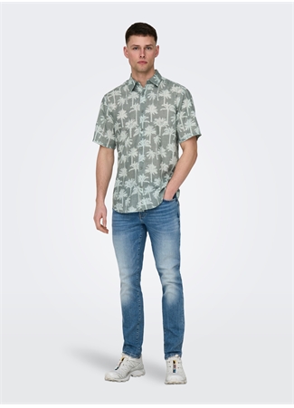 Only & Sons Normal Su Yeşili Desenli Erkek Gömlek ONSBRONX REG AOP POPLIN SS SHIRT_2