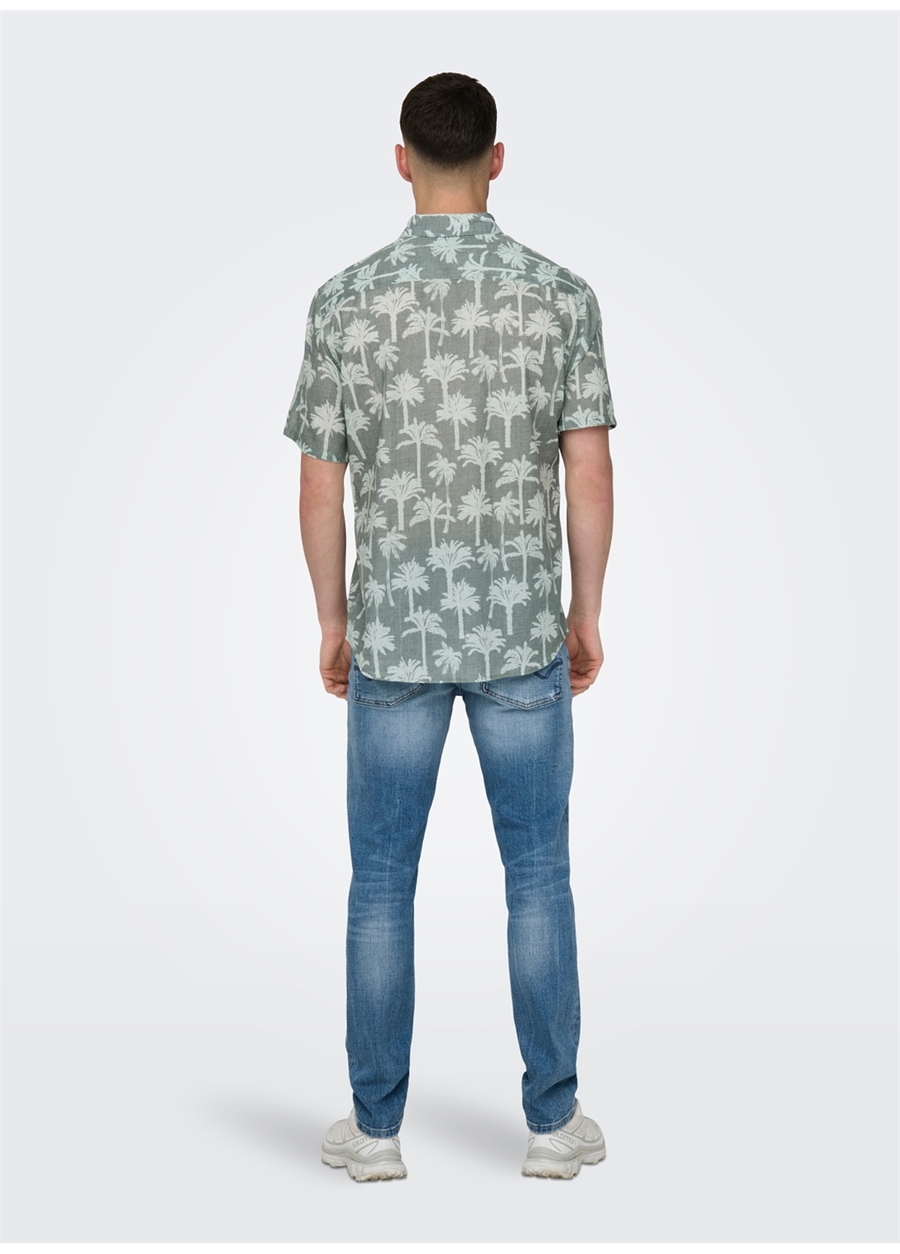 Only & Sons Normal Su Yeşili Desenli Erkek Gömlek ONSBRONX REG AOP POPLIN SS SHIRT_4