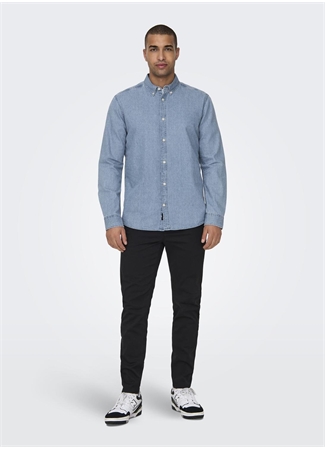 Only & Sons Normal Mavi - Buz Düz Erkek Gömlek ONSDAY REG BTN DOWN CHAMBRAY LS SHI_4