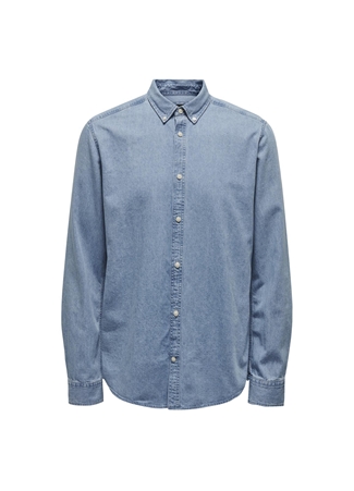 Only & Sons Normal Mavi - Buz Düz Erkek Gömlek ONSDAY REG BTN DOWN CHAMBRAY LS SHI_6