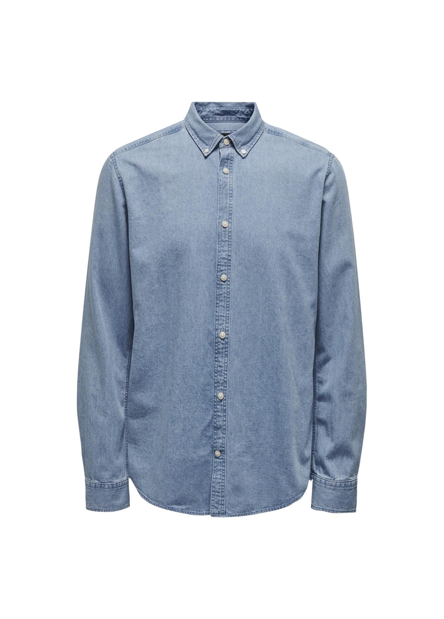 Only & Sons Normal Mavi - Buz Düz Erkek Gömlek ONSDAY REG BTN DOWN CHAMBRAY LS SHI_6