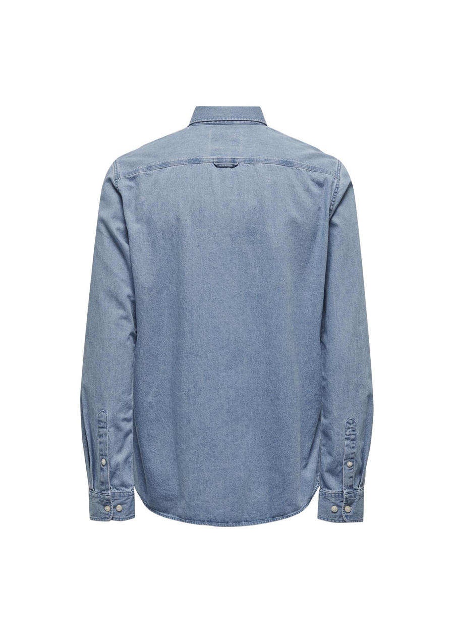 Only & Sons Normal Mavi - Buz Düz Erkek Gömlek ONSDAY REG BTN DOWN CHAMBRAY LS SHI_7