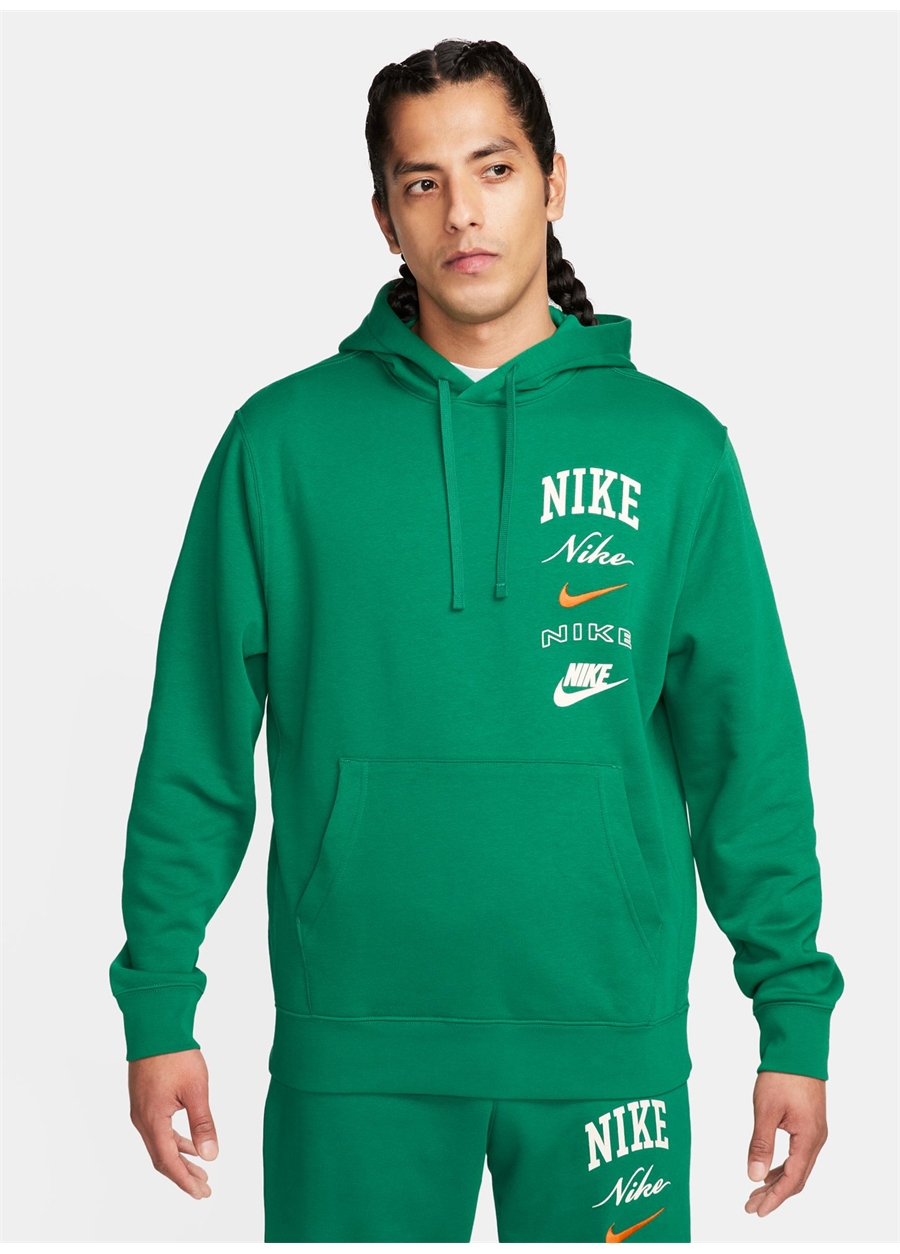 Nike Yeşil Erkek Kapüşon Yaka Baskılı Sweatshirt FN2634-365-M NK CLUB BB PO HDY STAC_0