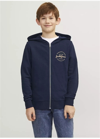 Jack & Jones Baskılı Erkek Çocuk Lacivert Sweatshırt JJFOREST SWEAT ZIP HOOD JNR