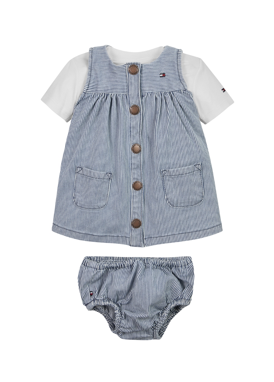 Tommy Hilfiger Çizgili Mavi Unisex Kısa Elbise BABY STRIPED DRESS SET_0