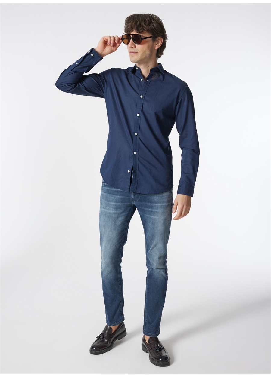 Jack & Jones Slim Fit Lacivert Erkek Gömlek JJELINEN BLEND SHIRT LS SN_0