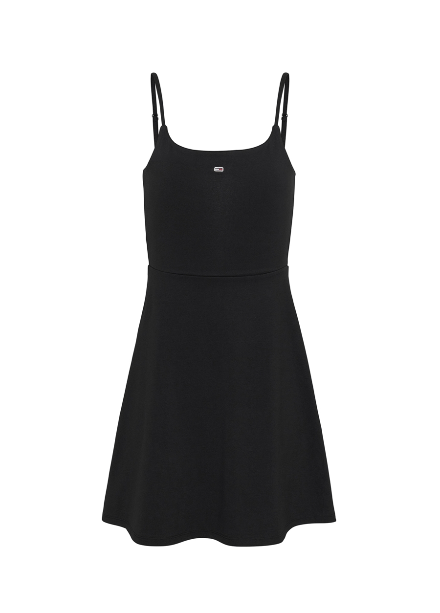 Tommy Jeans U Yaka Düz Siyah Kısa Kadın Elbise TJW ESSENTIAL STRAP FLARE DRESS