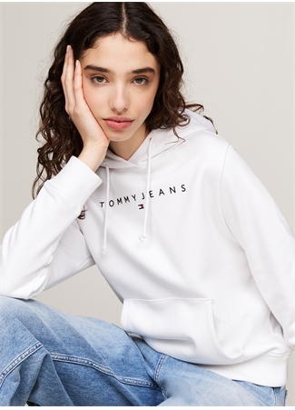 Tommy Jeans Kapüşon Yaka Düz Beyaz Kadın Sweatshırt TJW REG LINEAR HOODIE_1