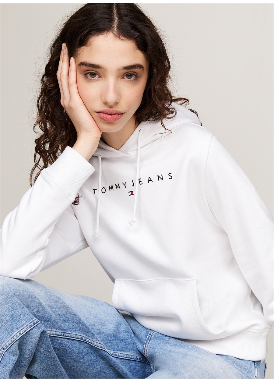 Tommy Jeans Kapüşon Yaka Düz Beyaz Kadın Sweatshırt TJW REG LINEAR HOODIE_1