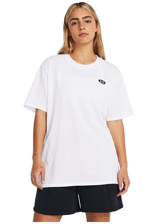 Under Armour Beyaz Kadın Bisiklet Yaka Bol Kesim T-Shirt 1383045-100 UA HW Embroid Patch BFO_0