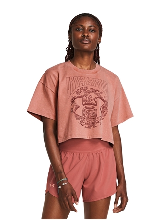 Under Armour 1383048-696 UA HW Dusk To Dawn Crop Pembe Kadın Bisiklet Yaka Oversize Desenli T-Shirt