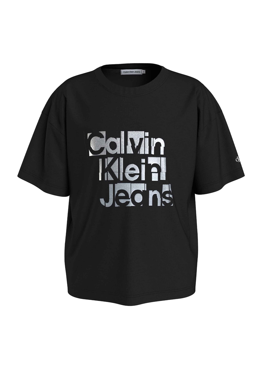 Calvin Klein Baskılı Siyah Kız Çocuk T-Shirt METALLIC CKJ BOXY T-SHIRT