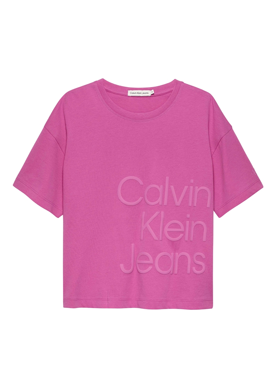 Calvin Klein Pembe Kız Çocuk Bisiklet Yaka T-Shirt PUFF HERO LOGO T-SHIRT