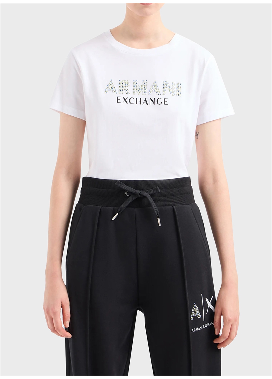 Armani Exchange Bisiklet Yaka Baskılı Beyaz Kadın T-Shirt 3DYT13