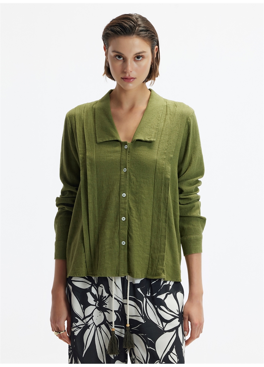 Yargıcı Rahat Geniş Yaka Düz Yağ Yeşili Kadın Gömlek 24YKGM6009X
