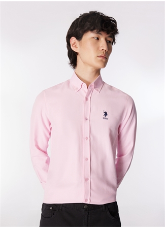 U.S. Polo Assn. Slim Fit Düğmeli Yaka Pembe Erkek Gömlek NOVA024Y