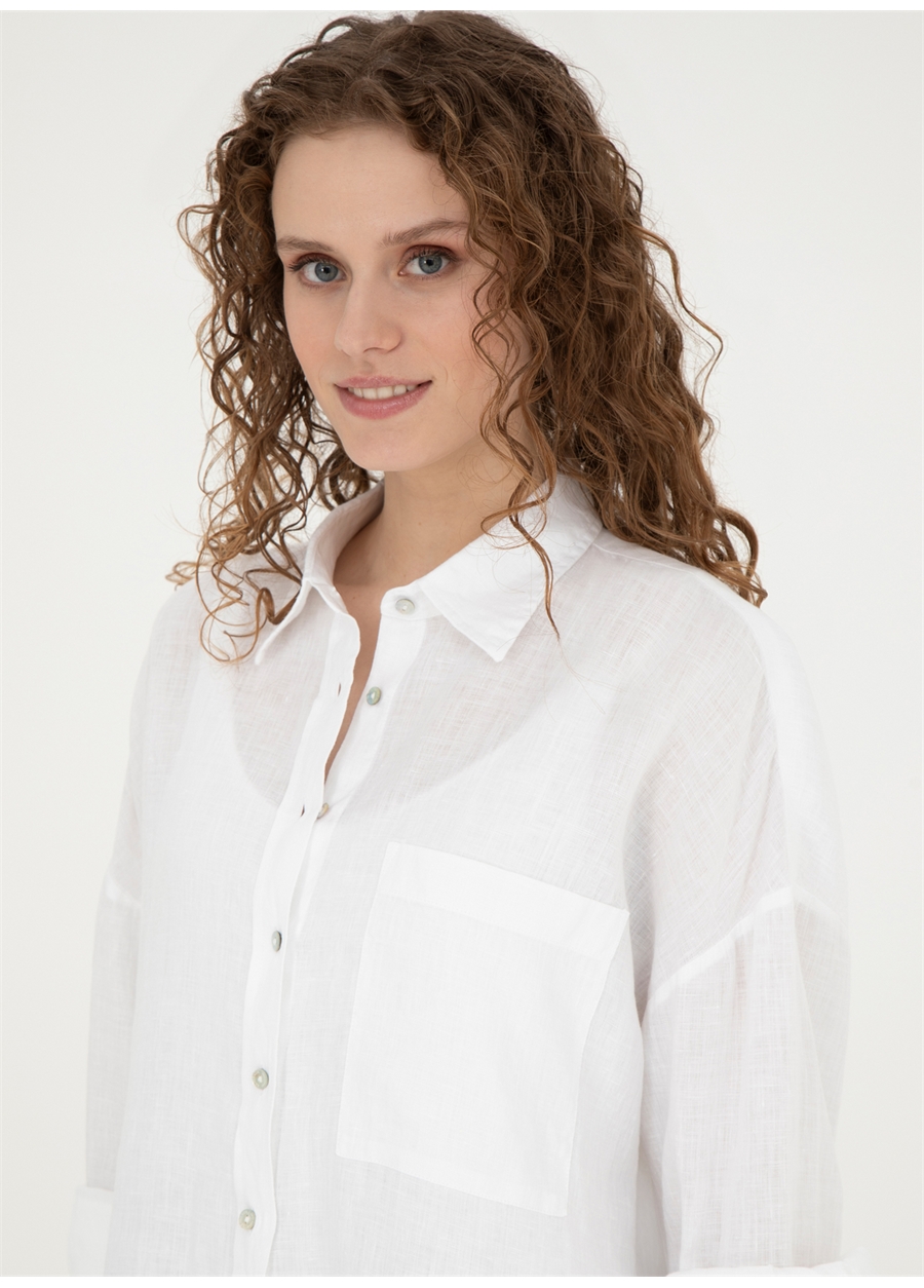 U.S. Polo Assn. Oversized Gömlek Yaka Beyaz Kadın Gömlek EX-LINOSA