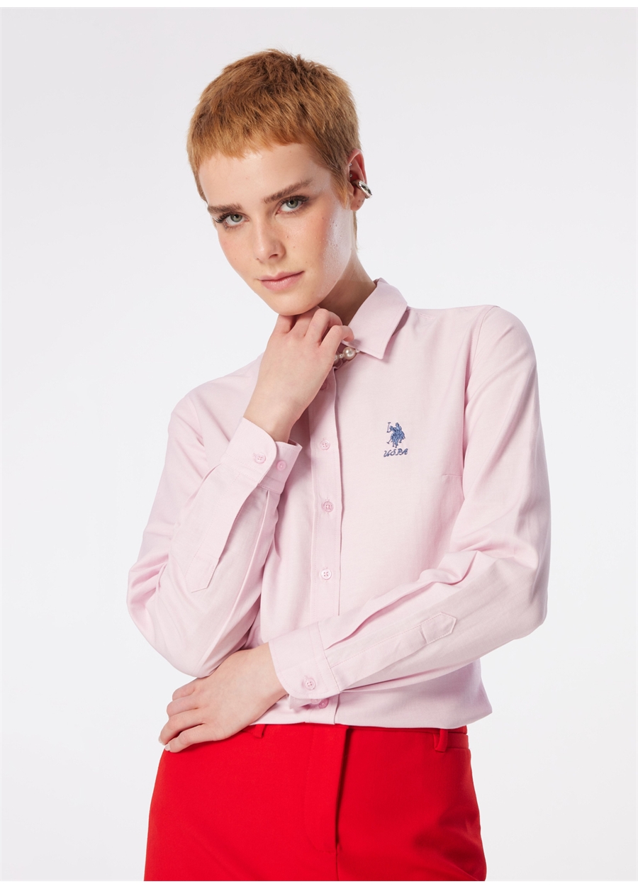 U.S. Polo Assn. Slim Fit Gömlek Yaka Açık Pembe Kadın Gömlek WOX024Y