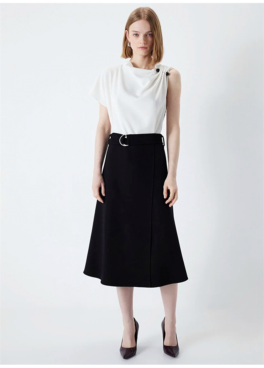 İpekyol Degaje Yaka Siyah - Beyaz Midi Kadın Elbise IS1240002263001