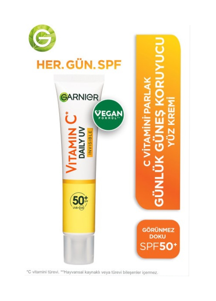 Garnier C Vitamini Parlak Günlük Güneş Koruyucu Fluid Yüz Kremi Görünmez Doku SPF50+ 40Ml