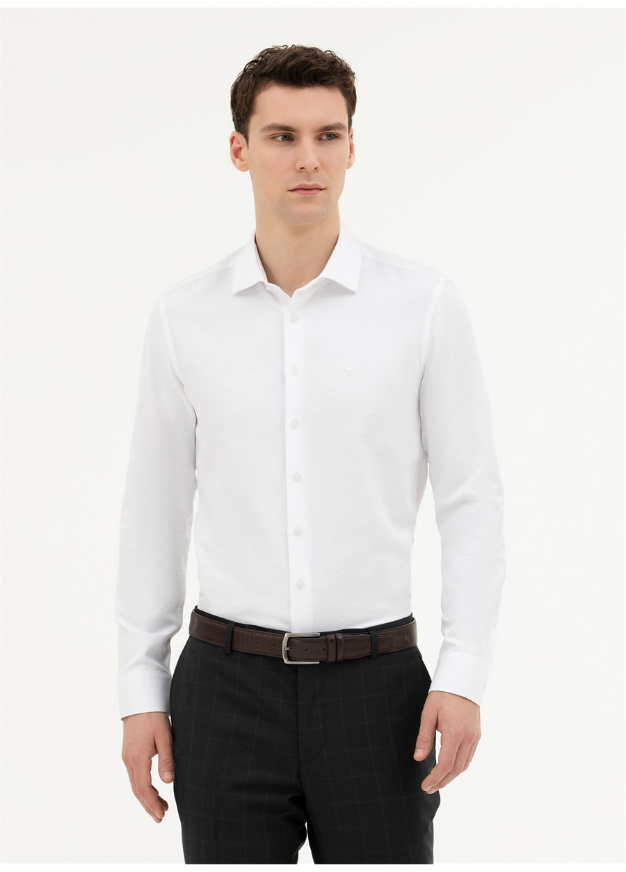 Pierre Cardin Slim Fit Klasik Yaka Baskılı Beyaz Erkek Gömlek MERCAN