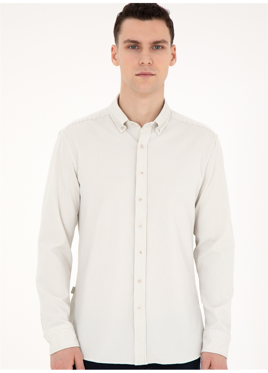 Pierre Cardin Slim Fit Düğmeli Yaka Düz Çağla Erkek Gömlek THIN