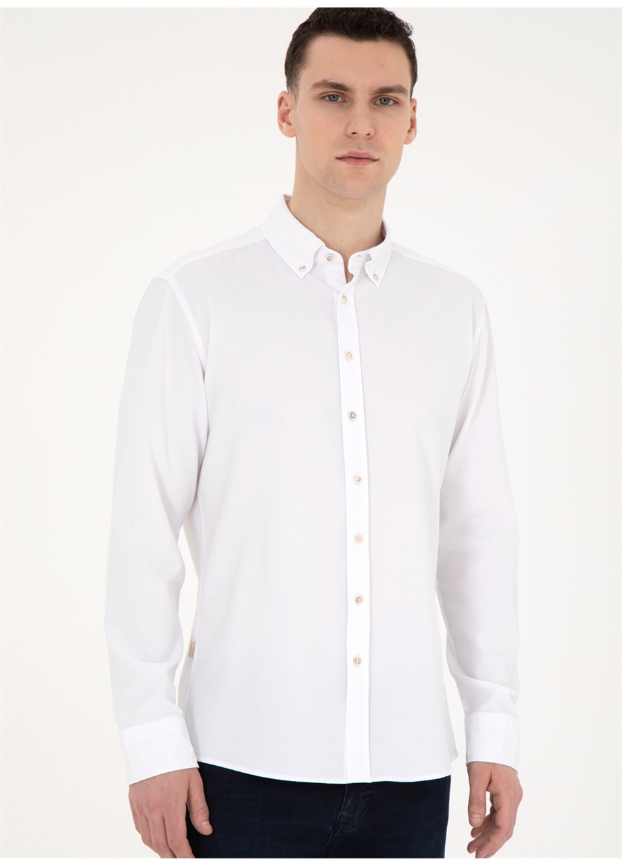 Pierre Cardin Slim Fit Düğmeli Yaka Düz Beyaz Erkek Gömlek THIN